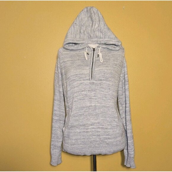 L.O.G.G. by H&M Grey White Denim Color Knit Womens 1/4 Zip Hoodie Kangaroo Large - Picture 1 of 8